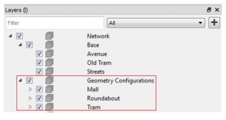 Use an exclusive layer for each geometry configuration and another for the base network